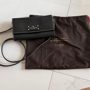 kate spade Black Pebbled Leather Crossbody Wallet with Gold Plaque